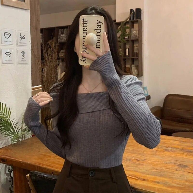 Slash Neck Knitwear Off Shoulder Top Women's Thin Bottomed Shirt Slim Long Sleeve Hotsweet Casual Commuting New Fashion