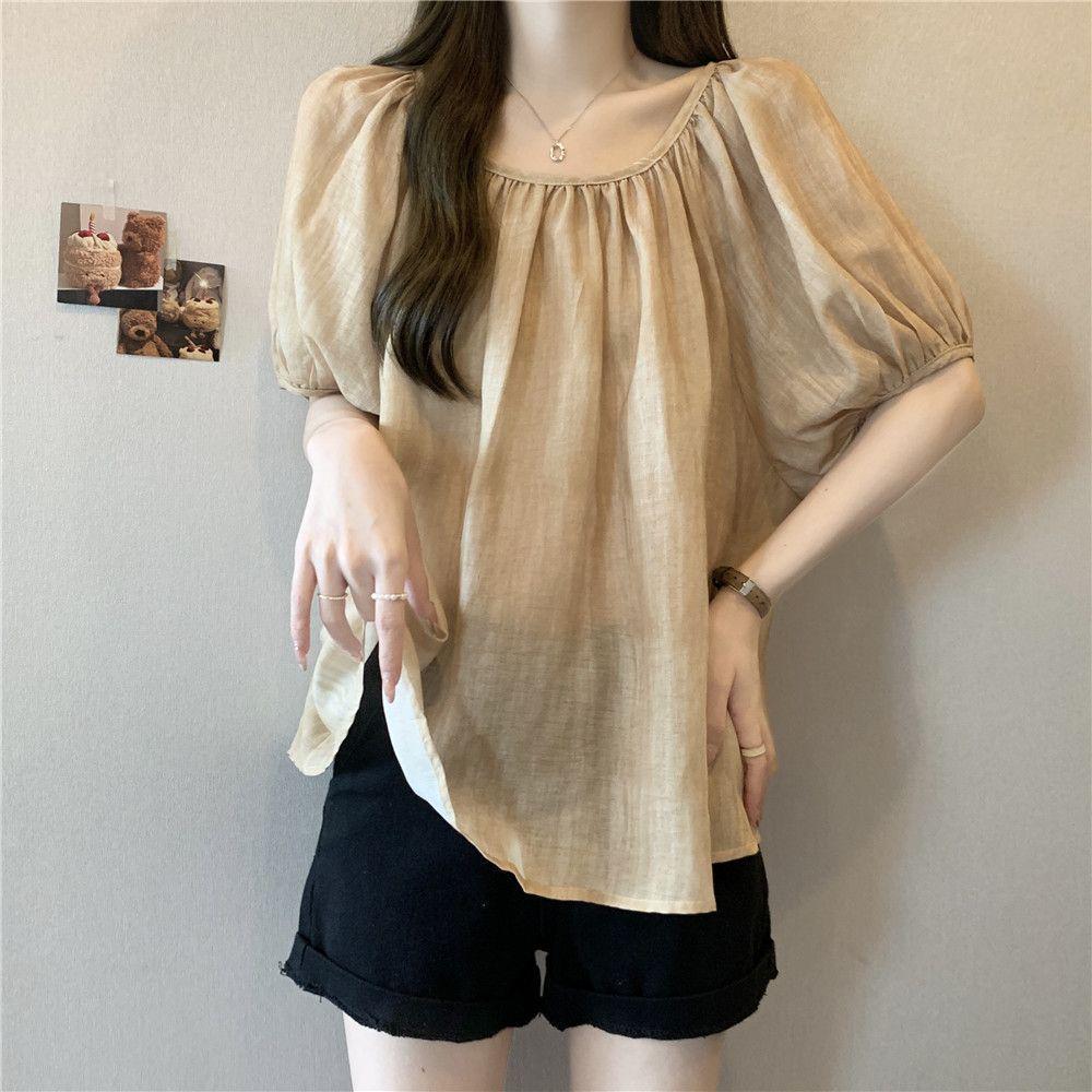 

Женская летняя футболка большого размера с пышными рукавами - Уменьшающая возраст, стройнящая, свободный топ с короткими рукавами S (Suitable for 30-40 kg) абрикосовый