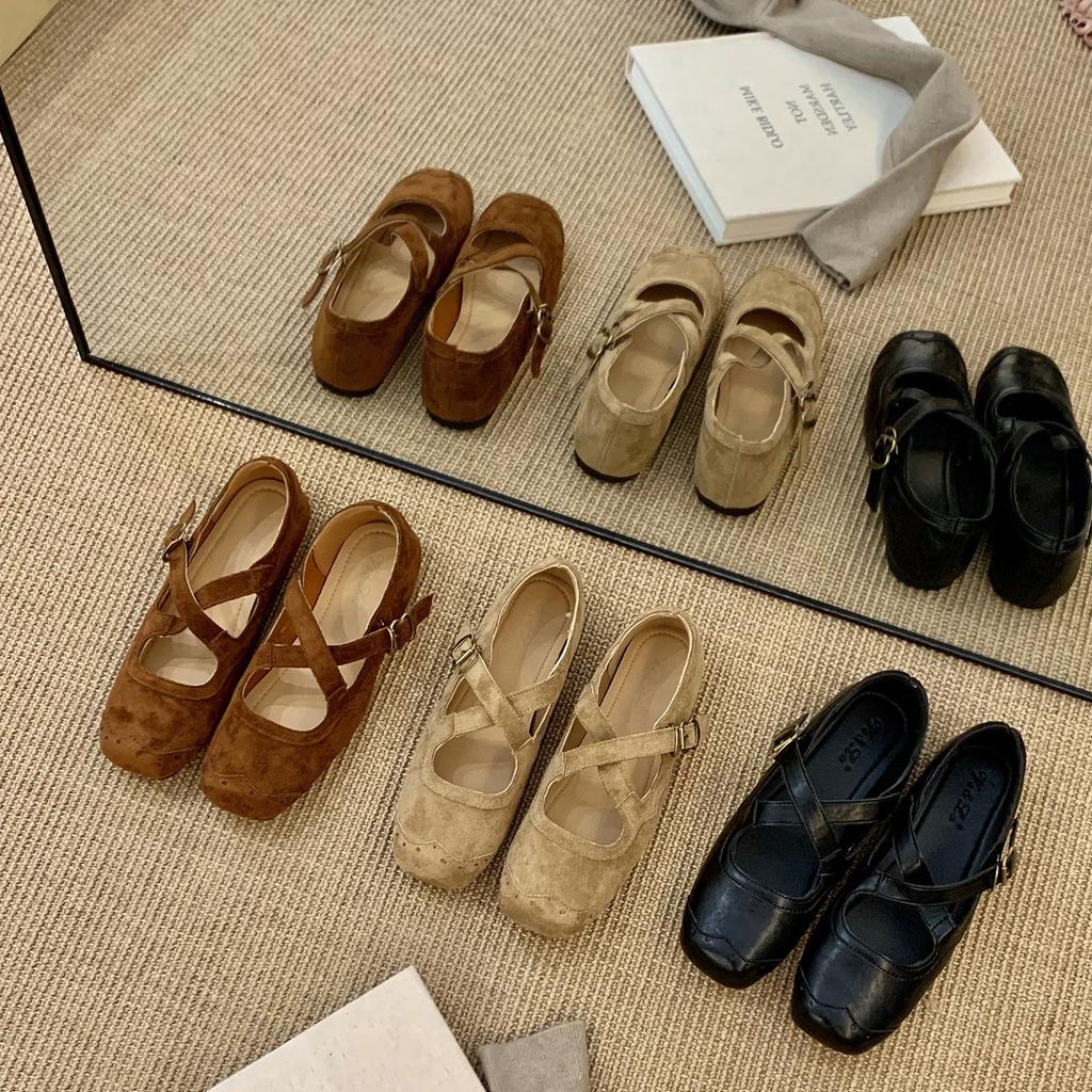 Retro suede cross-strap ballet single shoes women's 2025 spring and autumn new ballet with skirt late evening wind Mary Jane shoes