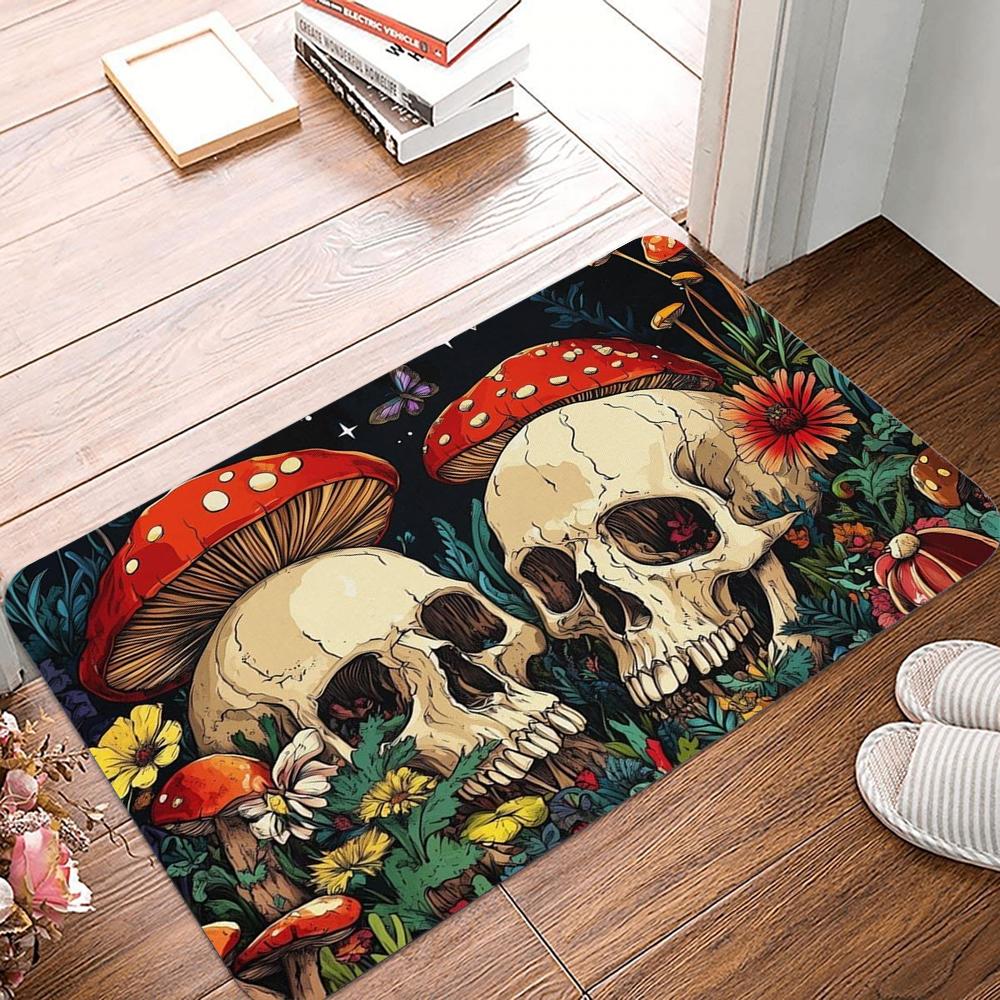 Aesthetic Mushroom Skull Printed Kitchen Carpet Living Room Dining Room Laundry Floor Mat Bath Balcony Hallway Non-Slip Door Mat