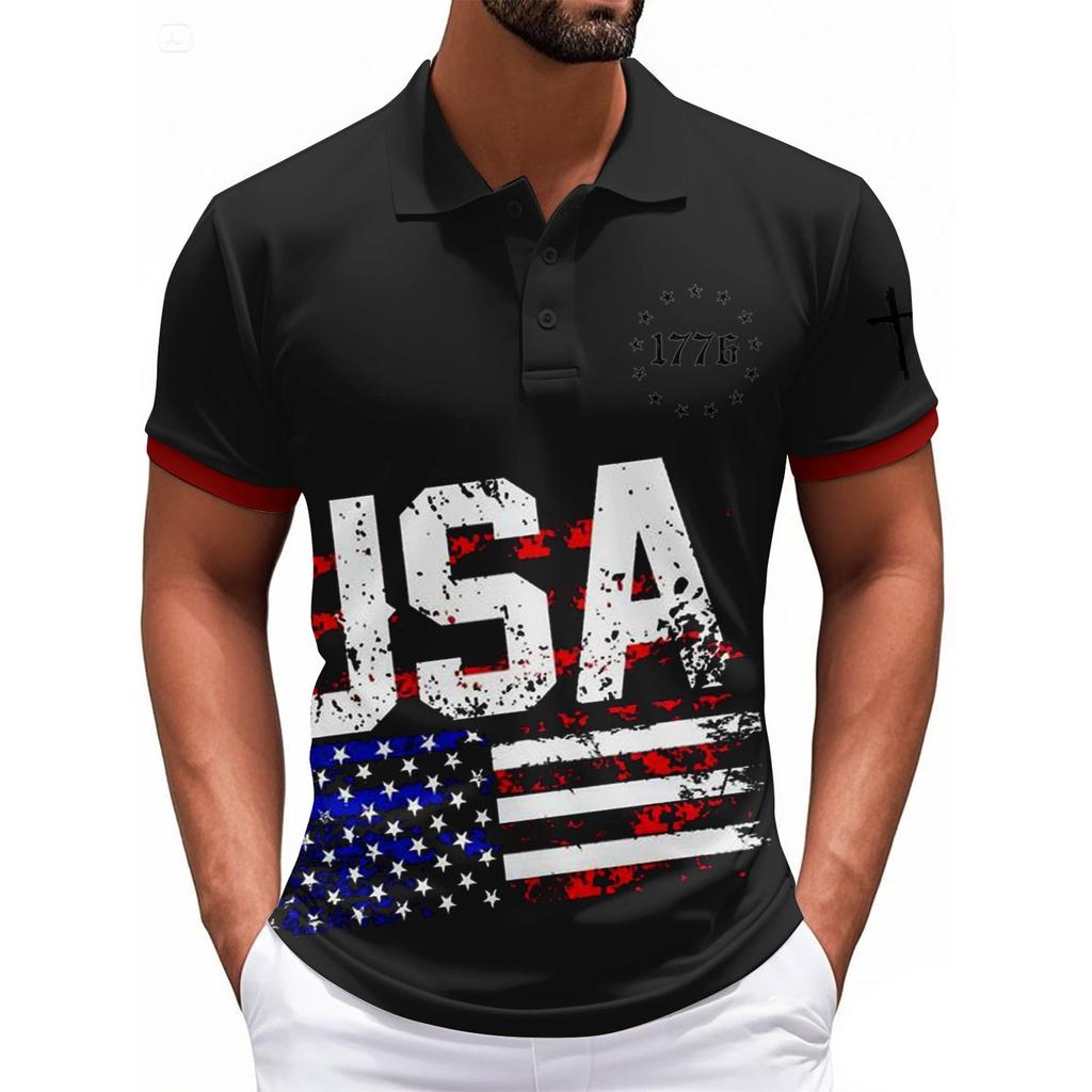 Modisches Herren-Freizeit-Oberteil mit Unabhängigkeitstag-Print am Hals und kurzen Ärmeln