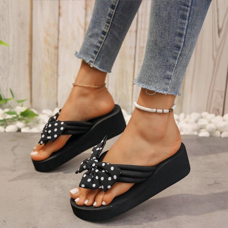 Fashion Summer Ladies Handmade Check Print Bows Flip-flops Soft-soled Non-slip Women's Cloud Slippers Travel Vacation Beach Women Shoes