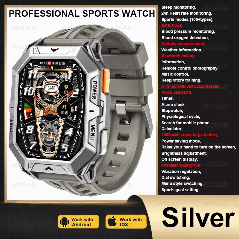 

Новые мужские спортивные смарт-часы 2025 года, 1000 мАч, сверхпрочные, GPS-трекер, компас, водонепроницаемость 10 АТМ, компас, Bluetooth-вызовы, умные часы серебряный