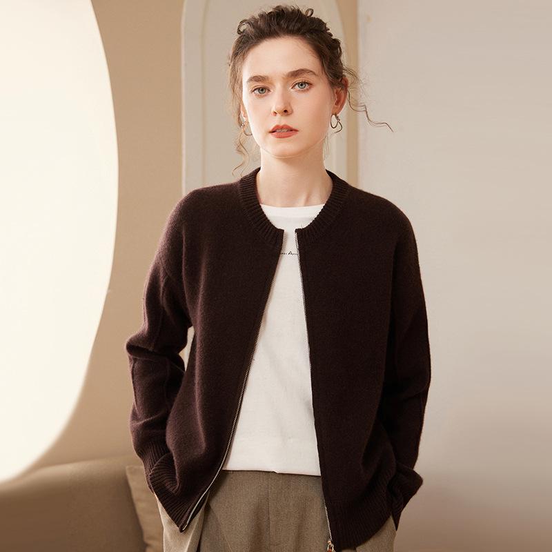 Women's Casual Cashmere Zipper Cardigan - Thick Knit Round Neck Sweater