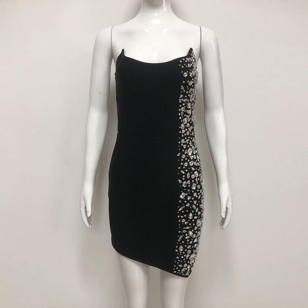 Women's Solid Color Rhinestone Sleeveless Bandage Mini Dress - New Fashion