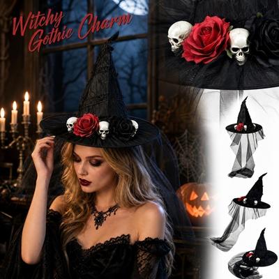 Halloween Witch Hat with and Rose Mesh Decorative Costume Hat for Party
