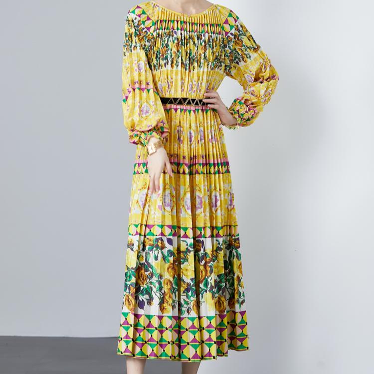 Spring Autumn Women Designer Print Oversized Long Maxi Holiday Party Pleated Dresses with Belt