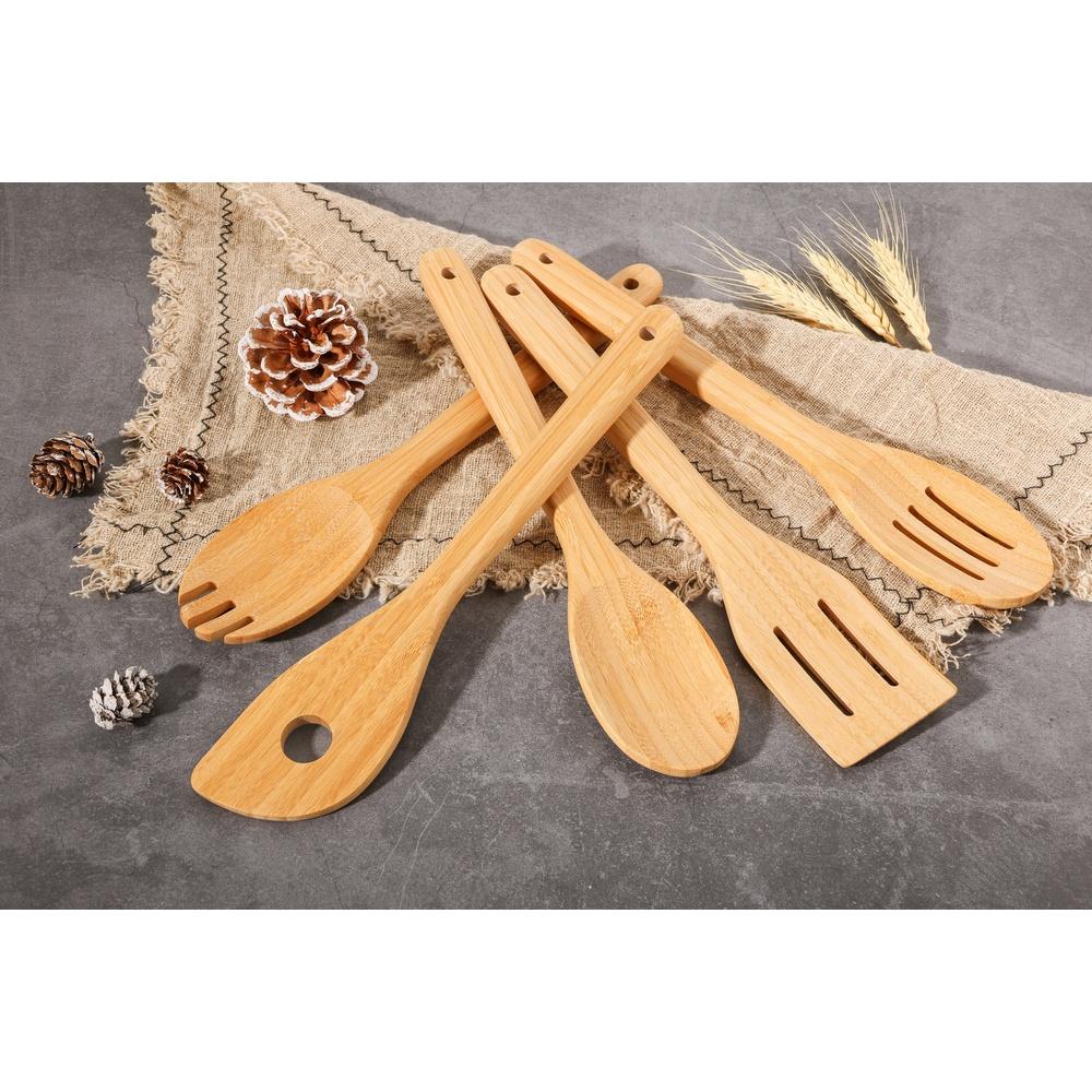 5pcs Bamboo Cooking Utensil Set Natural Eco-Friendly Kitchen Tools Hand Wash Only Multi-Functional Stirring Serving Spoons