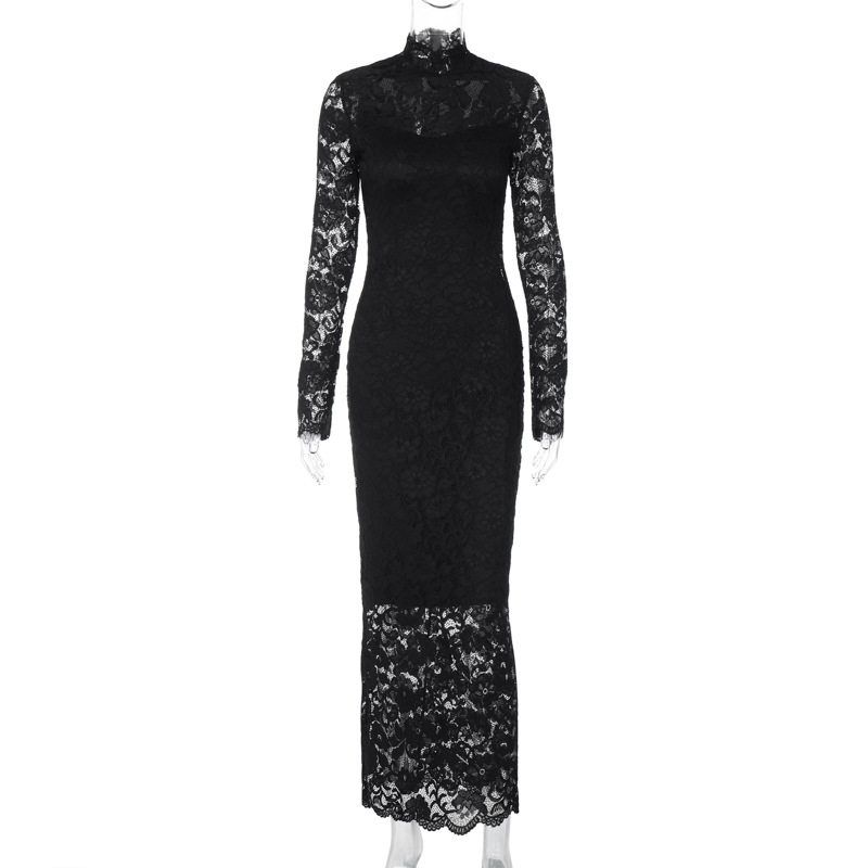 

Amazon Cross-Border Women s Clothing 2025 Summer New Fashion Sexy Lace Splicing Slim Long-Sleeved Dress Black S