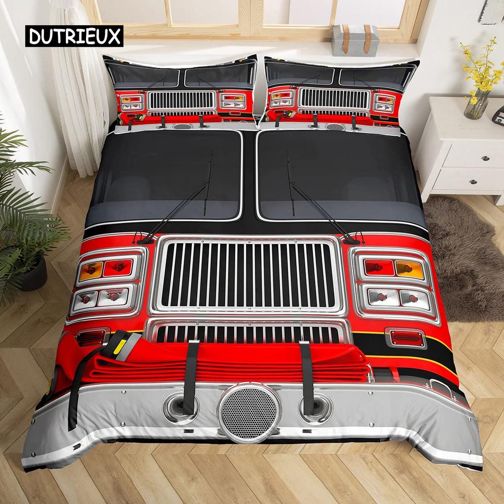 Fire Truck Duvet Cover Set Twin Size Red Firemen Car Vehicle Bedding Set Fire Engine Pattern for Boys Tire Printing Quilt Cover