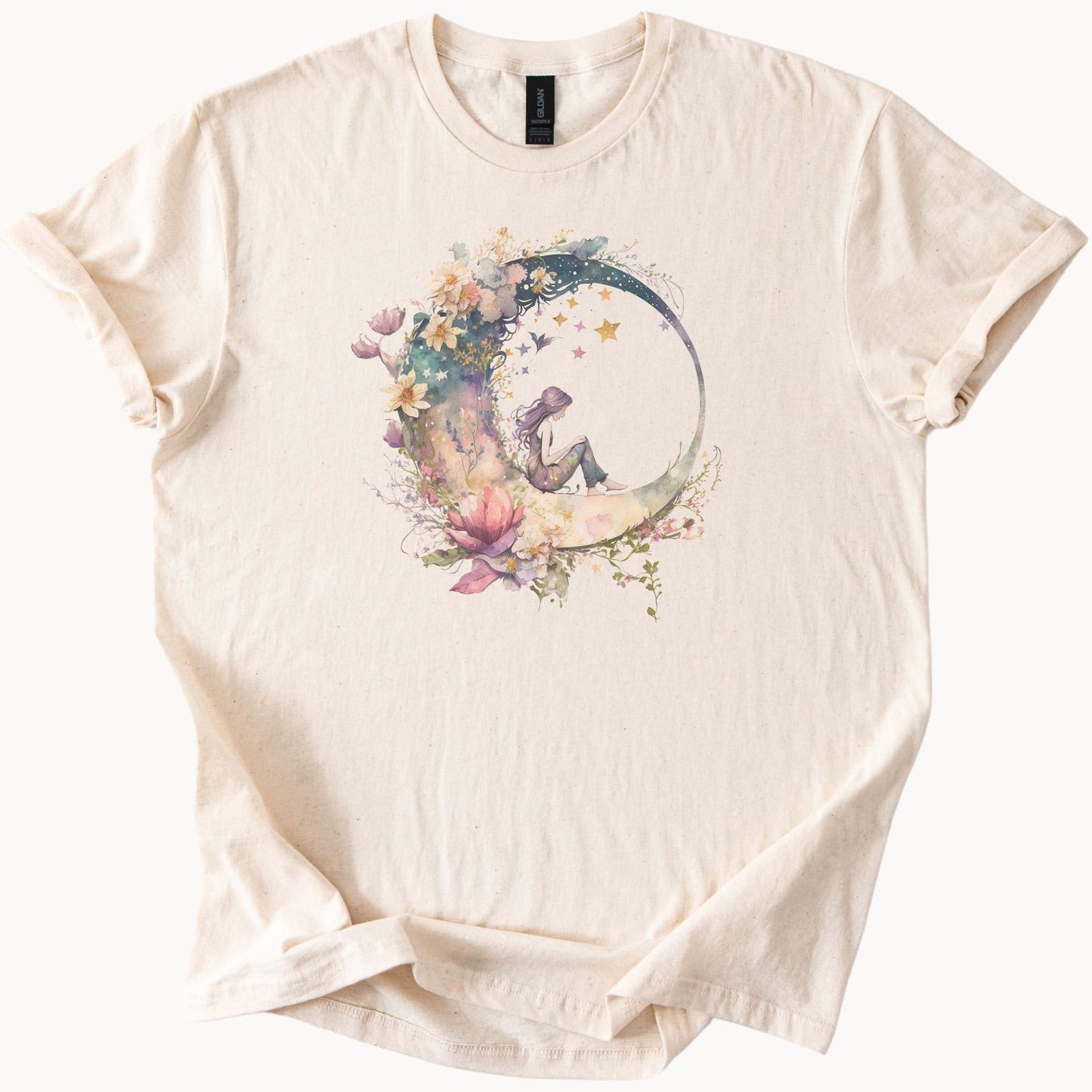Floral Moon Girl Graphic Tee Watercolor Flowers Celestial Stars Artistic Boho Aesthetic T Shirt Nature Dreamy Pastel Art Shirt 100