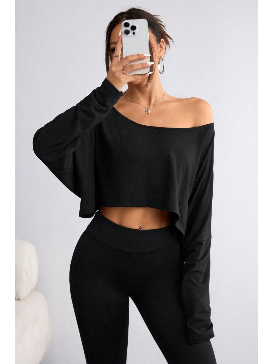 2025 New European/American Off-the-Shoulder Loose Long Sleeve Crop Top XL чёрный