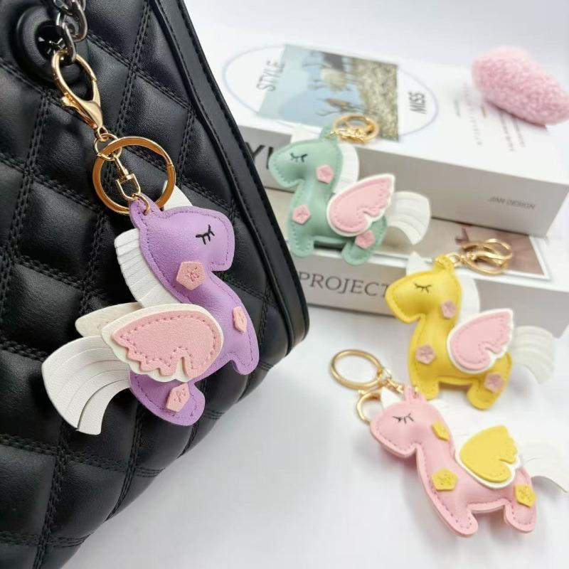 Miniso Cartoon Unicorn Pegasus Faux Leather Keychain/colorful Car Key Charm Cute Style Bag Accessory Gift