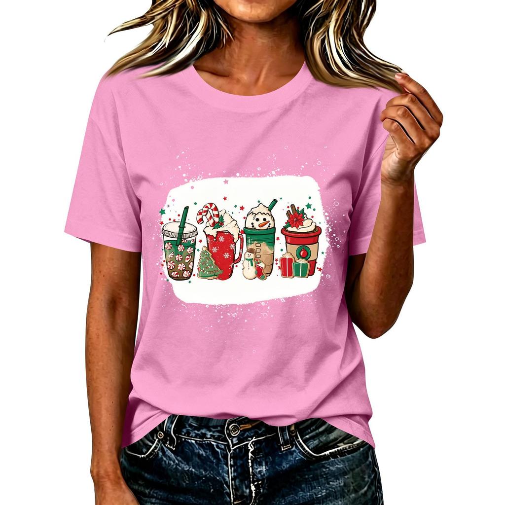 Women's Casual Christmas Print Short Sleeve T-Shirt Festive Holiday Graphic Tee Top