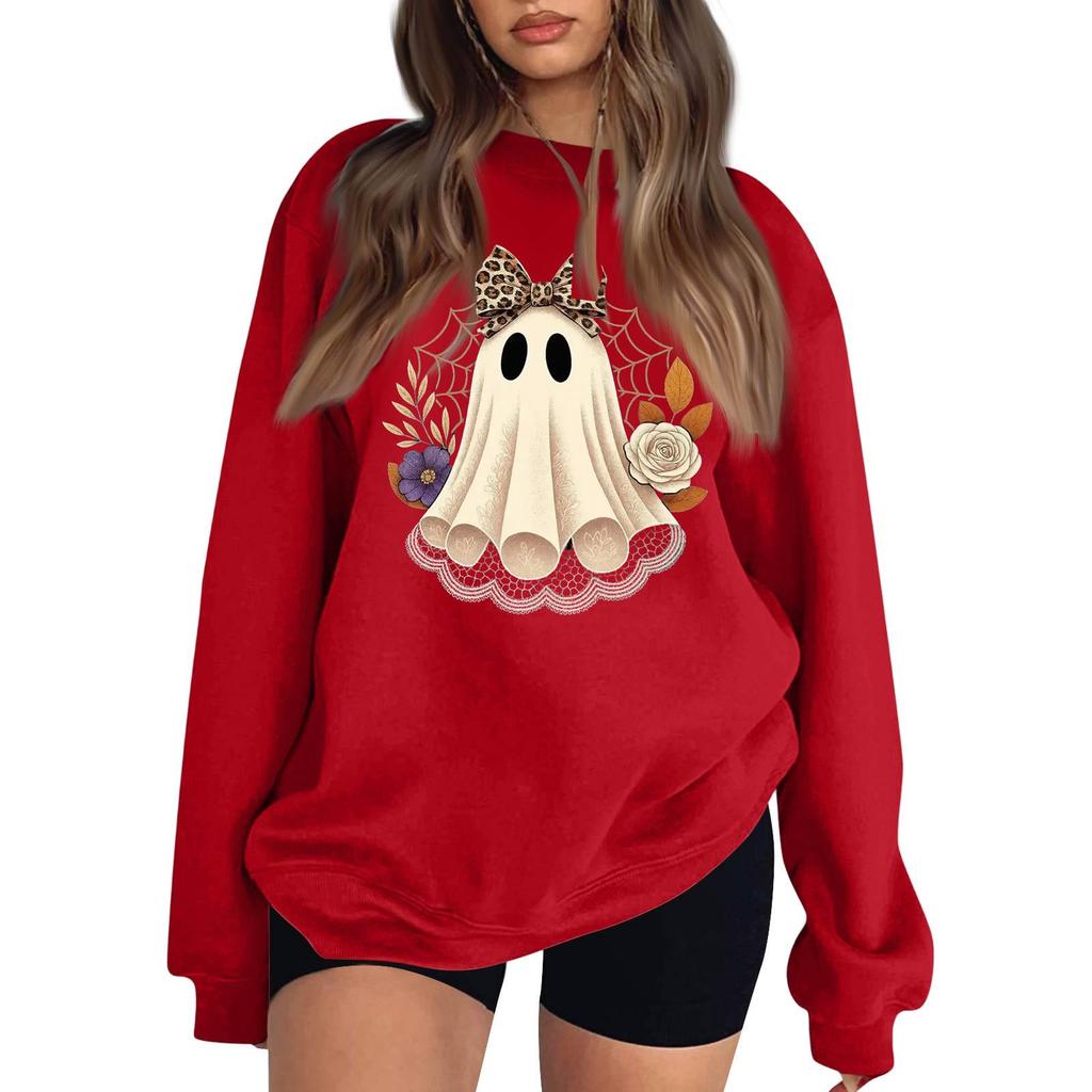 Women's Long Sleeve Neck Sweatshirt Loose Fit Casual Pullover Top with Small Halloween Print