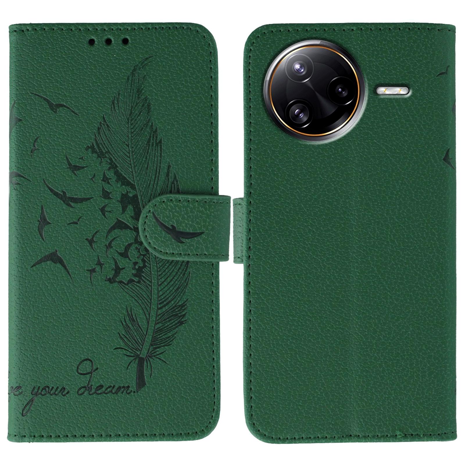 

For Xiaomi Poco F7 Ultra 5G/Redmi K80 Pro 5G Case Feather Imprint PU Leather Wallet Phone Cover Green