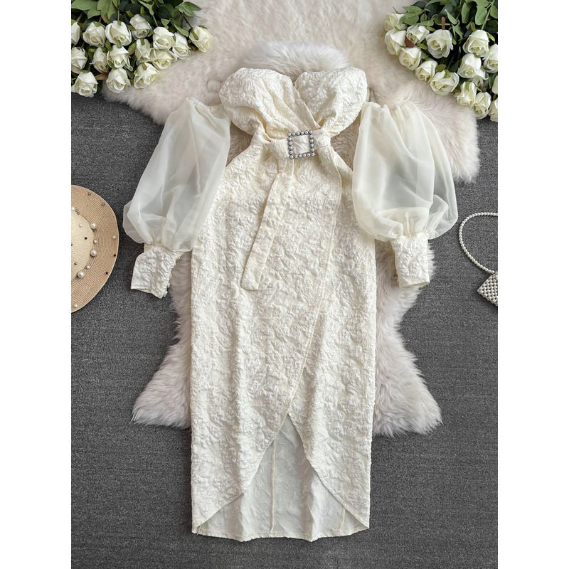 

Purple Embossed Jacquard Lantern Long Sleeve Dress Women s French Style Temperament Pearl Buckle Waist Slim-Fit Formal Dress Dress