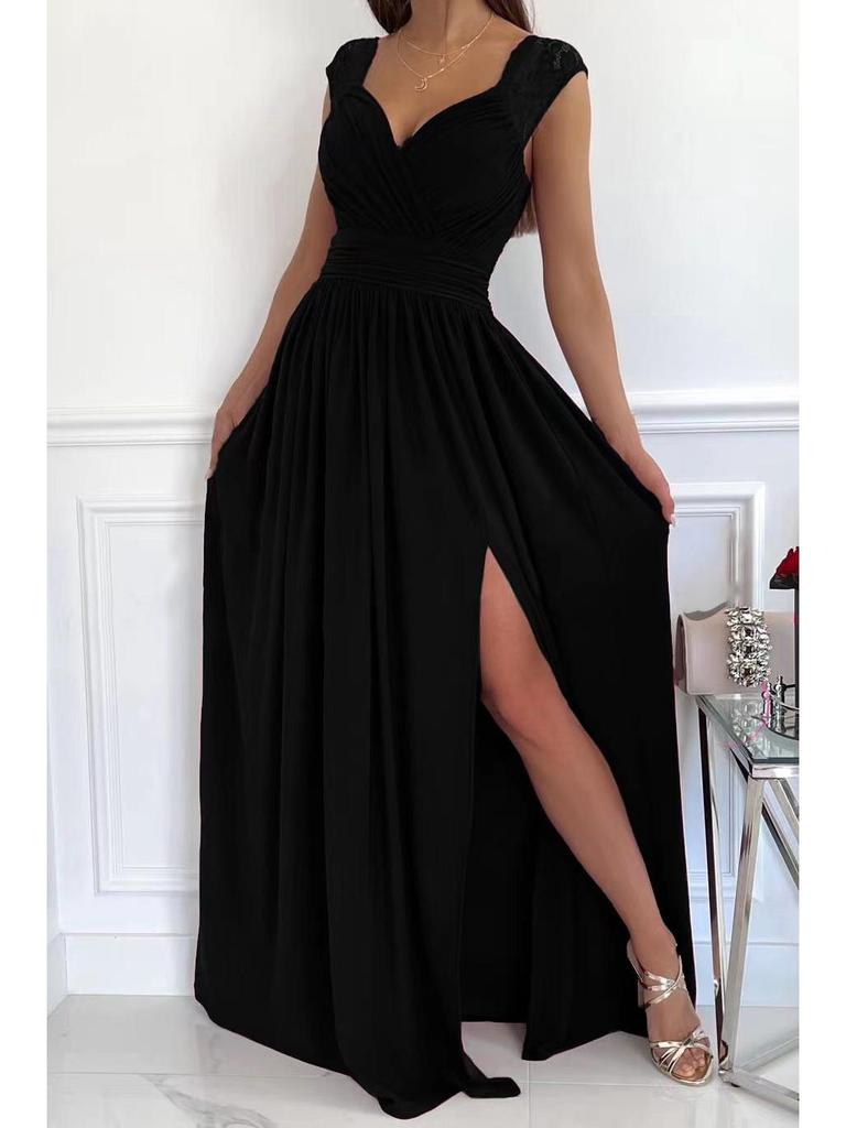 Women's Sleeveless Lace Dress with Open Back and Slit Hem