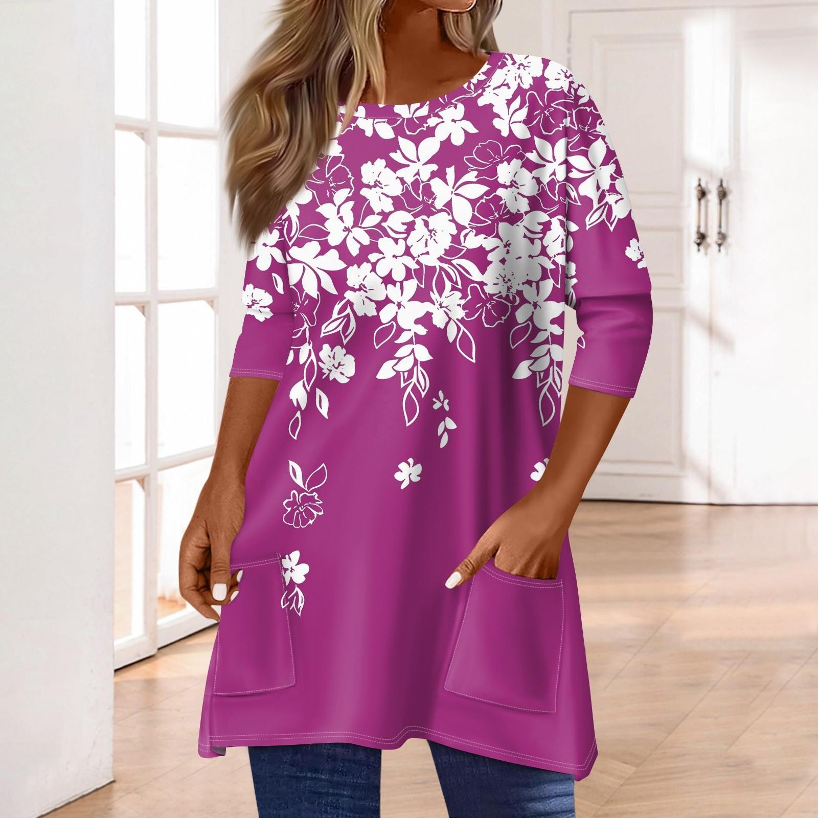 

3/4 рукава кармана топы для женщин футболка повседневный принт средней длины топы футболка круглый вырез пуловер блузка XXXL фиолетовый