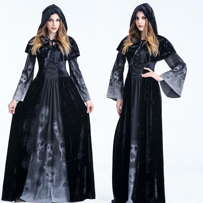 Vampire & Witch Halloween Costume: Skull Print Hooded Dress for Adults & Kids