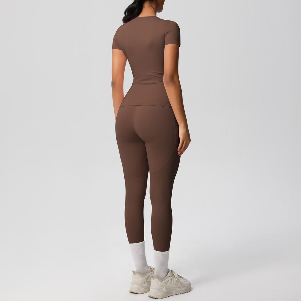 Solid Color Double-sided Brushed Breathable High Elasticity Tight Yoga Suit Set, Sports Running Fitness Two-piece Set