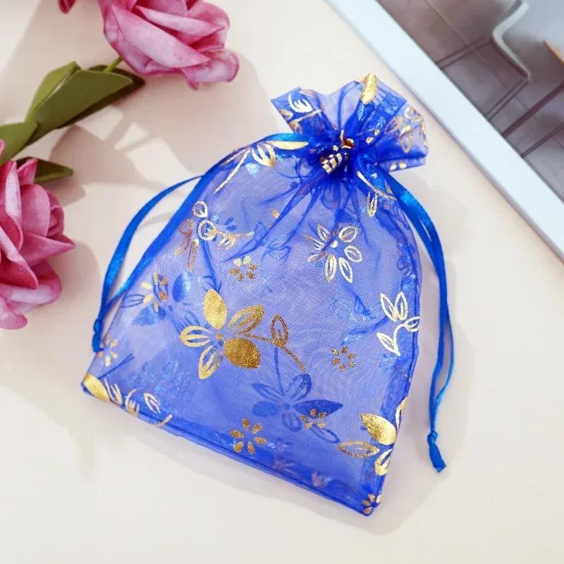 50piece Gold Stamp Rose Pattern Gauze Bag Colorful Pull Rope Self Sealing Storage Bags Candy Gift Accessory Package Jewelry Pouc