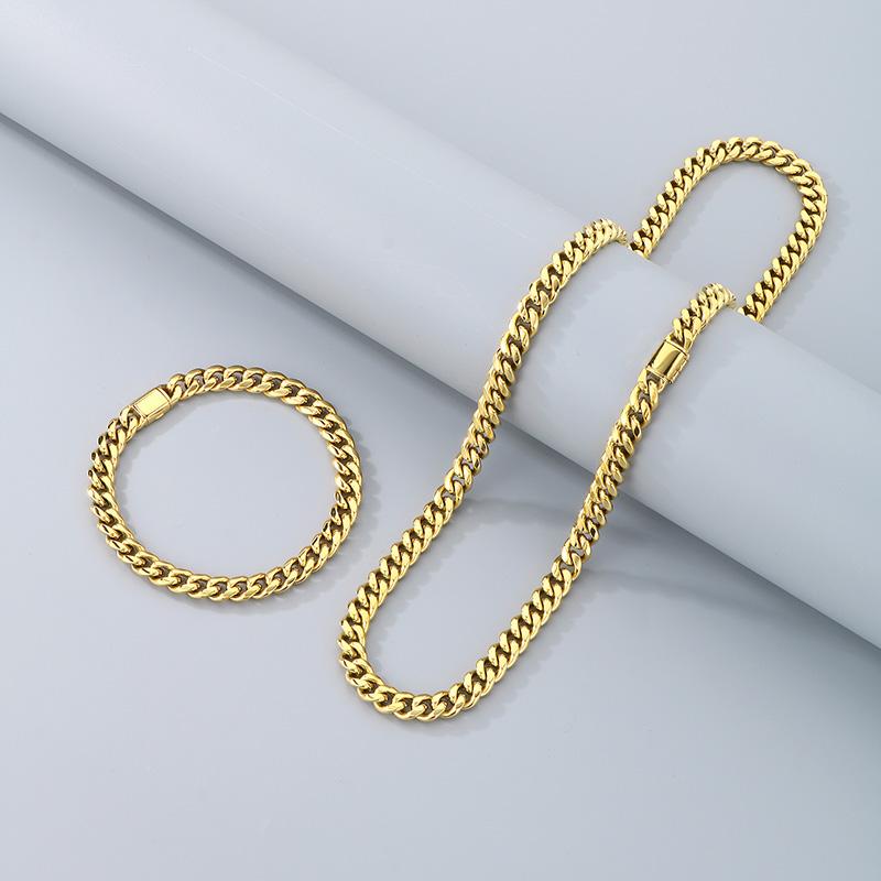 Kalen Shiny Cuban Chain Bracelet for Men Hip Hop Stainless Steel Jewelry Sets Gold Color Thick Necklace 8MM Trendy Accessories