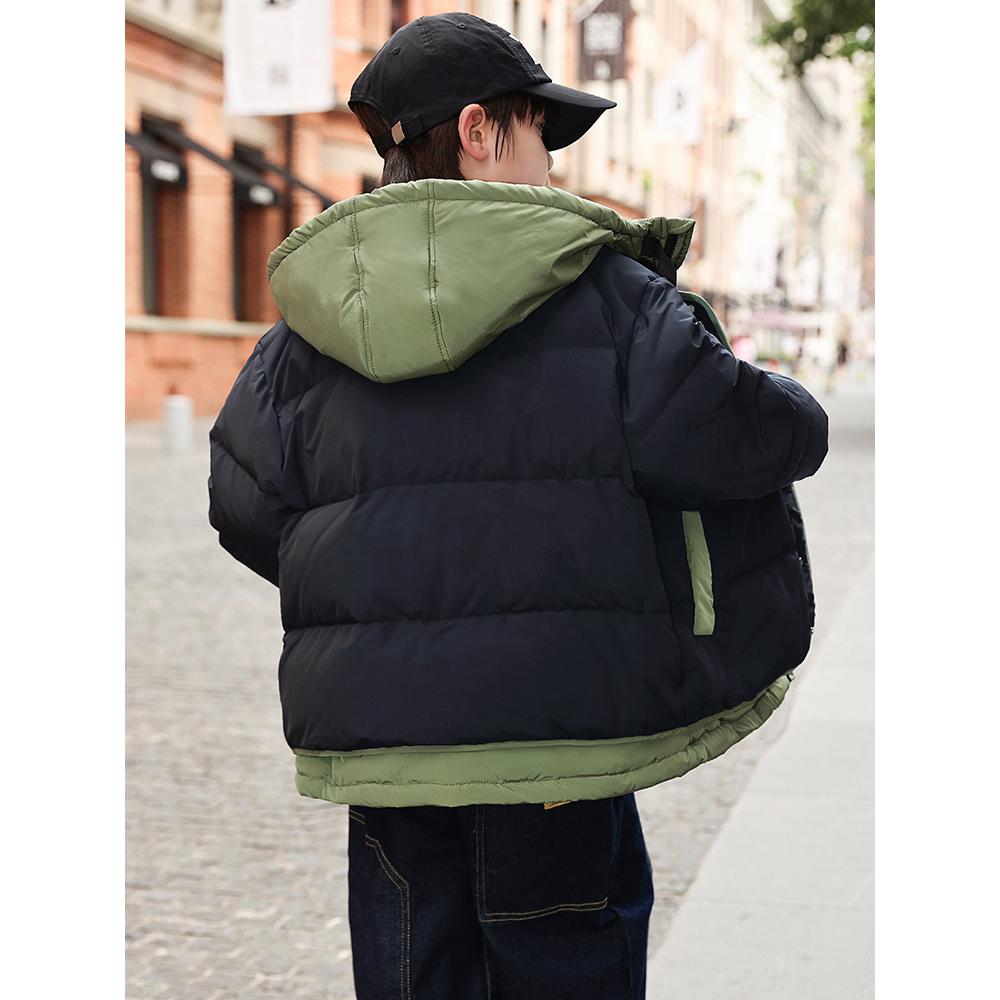Winter Warme Jungen Patchwork Kapuzen-Reißverschlussjacken Schulkinder Mäntel Kinder Outfits Windbreaker