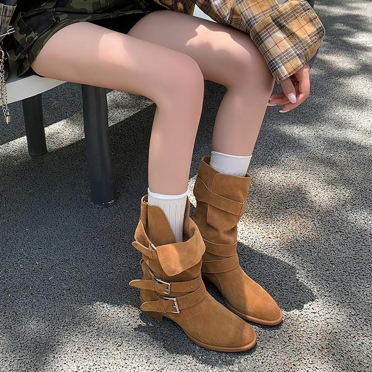 

Cow velvet knight boots~ New European and American style round head belt buckle splicing sleeve belt boots women s large size boots 39 светло-коричневого