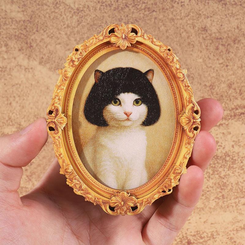 1Pc Mini Oval Retro Wooden Photo Frame Fridge Magnet Funny Cat & Haircut Modern Kitchen Decor Durable Refrigerator Ornament