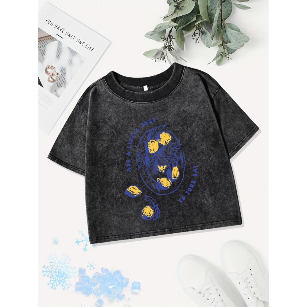 Summer Cotton Crop Tops Women Add A Little Zest To You Day Lemons Prints Washed T-Shirt Y2K Regular Fit Clothes
