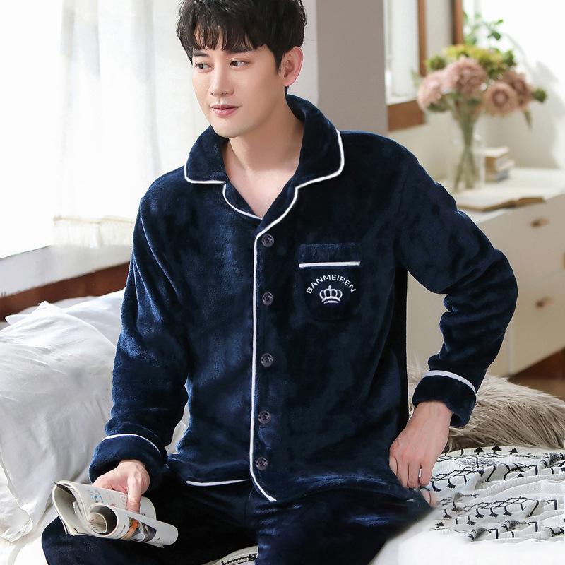 Men's Coral Fleece Pajamas Long Sleeve Thickened Flannel Home Clothes Set Autumn Winter Warm Loose Fit Sleepwear Ensemble