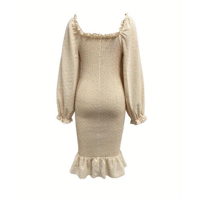 Women Slim Fit Square Neck Long Sleeve Fishtail Dress High Waist Mid Length Spring Summer Fungus Edge Dresses Sizes S-XL