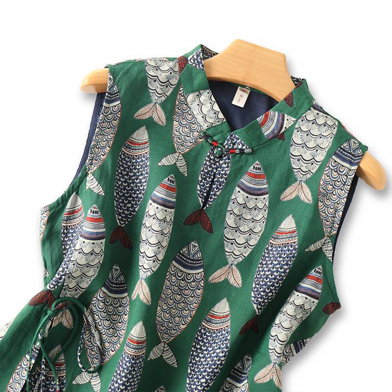 Women's Improved Cheongsam Summer Linen Style Retro Fish Print Frog Button Sleeveless Stand Collar Thin Fresh Midi Dress
