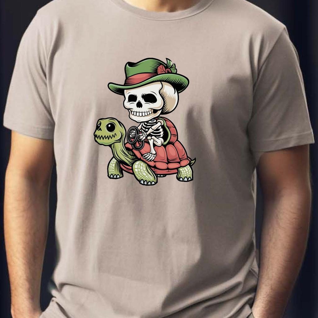 Skeleton Riding Turtle Graphic Print Cotton Casual Round Neck Mens TShirt Breathable Short Sleeve Tee