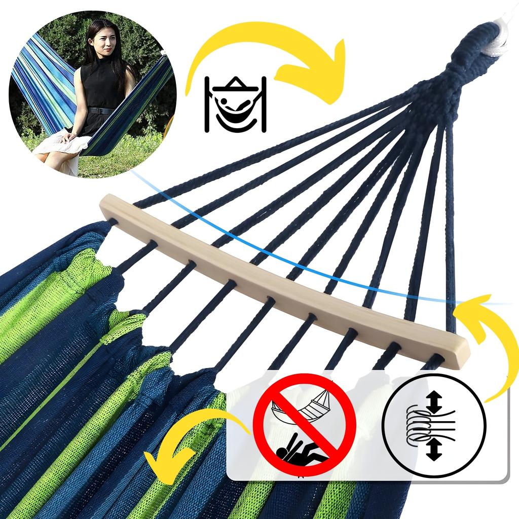Double Hammock De Gardina 260×150 Cm GALAXIA® Blue Green Wooden Bar Cotton Double Hammock