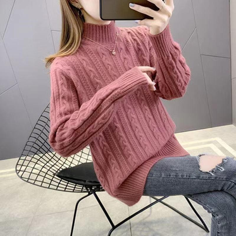 

Осенний женский свитер с высоким воротником, утолщенный, вязаный свитер с косами, повседневный свободный пуловер 2XL розовый