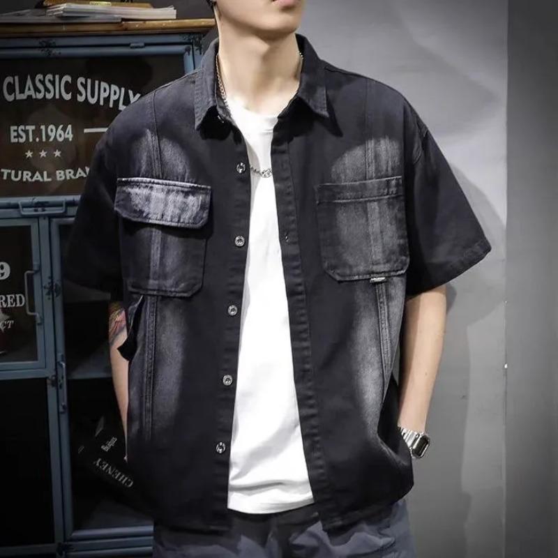 Men Black Washed Denim Double Pocket Short Sleeve Shirt M