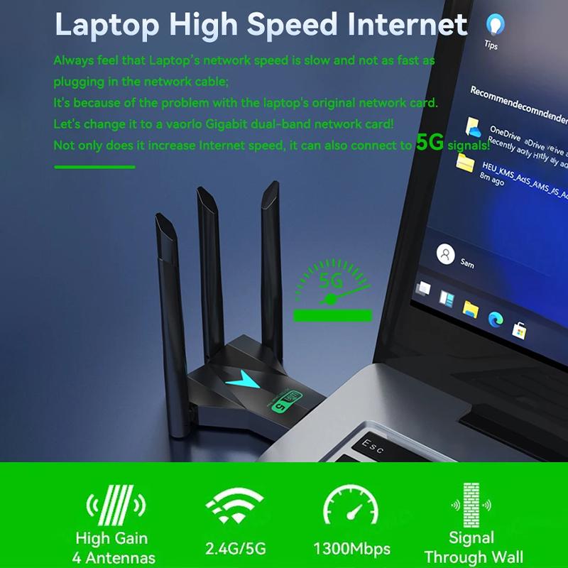 Dualband 1300Mbps WLAN USB-Adapter 2,4 GHz / 5 GHz Wi-Fi Dongle USB 3.0 802.11ac 4-Antennen Drahtloser Empfänger für PC/Laptop Treiberlos