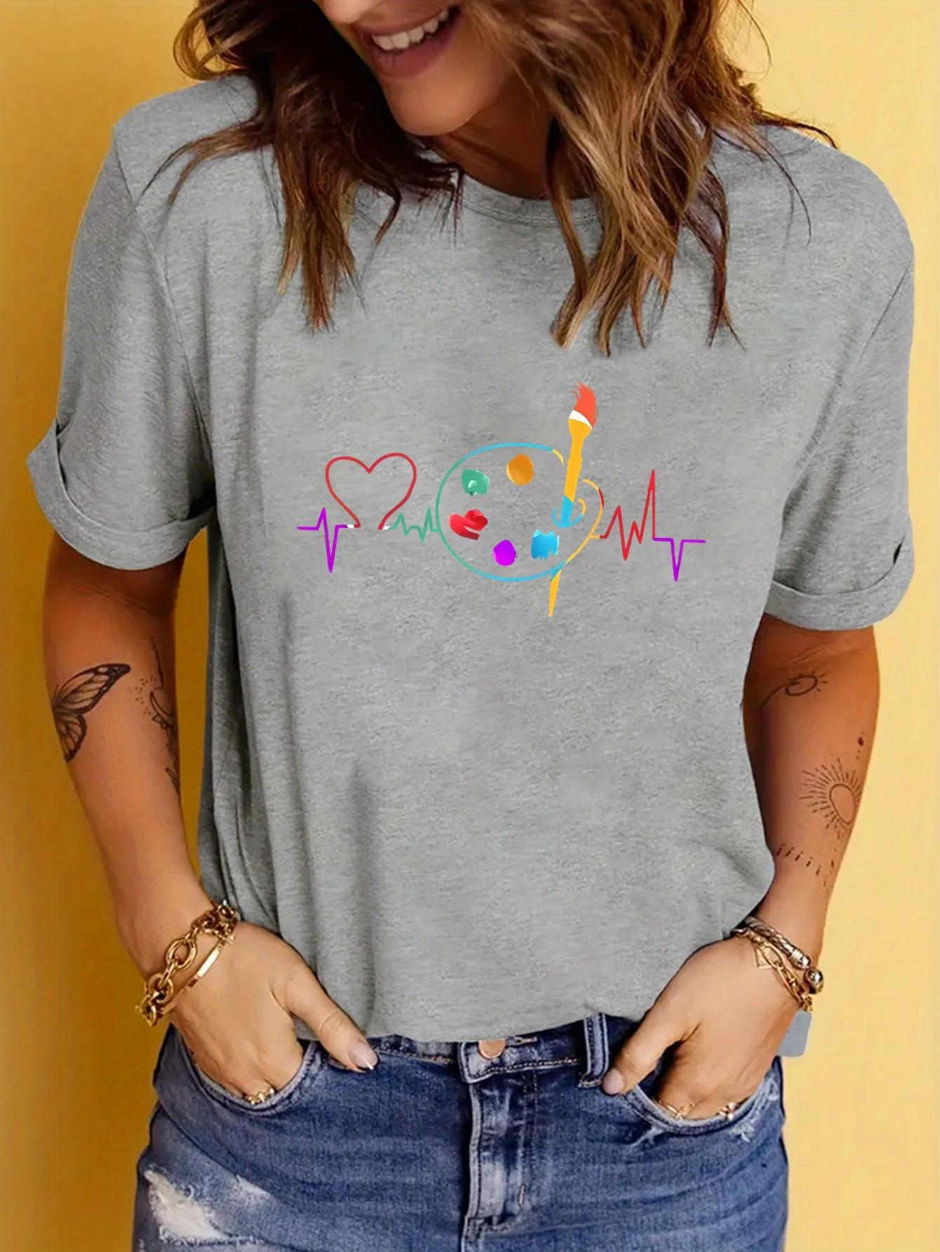 Breathable Round Spring Summer Fashion Casual  Seasonal Fashion Women s Casual Sleeve T-Shirt Paint Palette Geometric Print 4XL