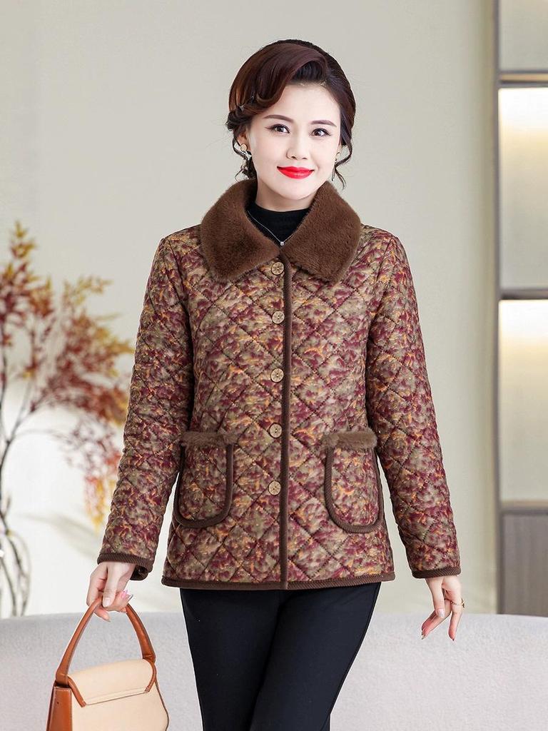 Mid-Aged & Elderly Women's Stylish Warm Velvet-Lined Winter Cotton Jacket