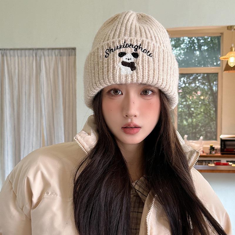 Cute Bear Blue Knitted Hat for Women In Autumn and Winter To Keep Warm and Versatile Ear Protection Woolen Hat Showing Face Small Baotou Cold Hat