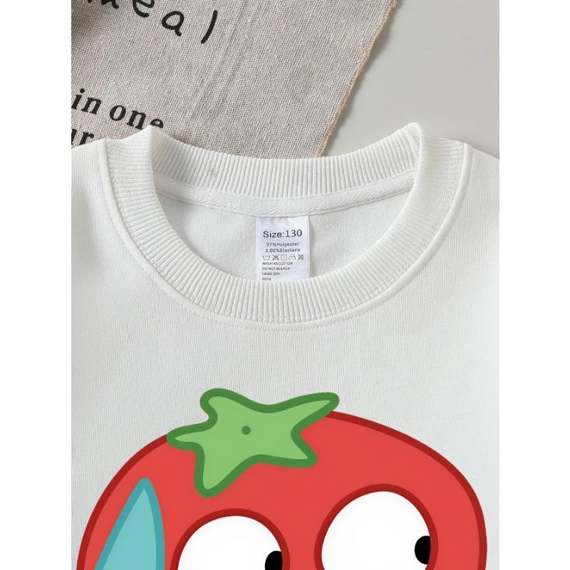 European Sizes Girls' Long-Sleeve Round Neck Sweatshirt "Cute Tomato" Print, Spring/Autumn, Casual, Daily & Sports.