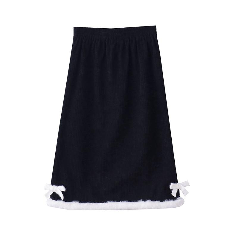 

Women s Corduroy A-Line Midi Skirt with Bow Detail Fleece Lined Elastic Waist M
