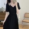 French Style short sleeve V-neck solid long Dress 2025 Summer fashion Waist-Fitted Slimming Off Shoulder black dresses For Women
