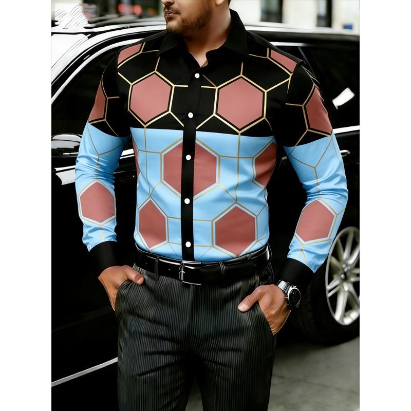 New 11 Color Men's Long Sleeved Shirt with Gold 3D Printing, Fashionable Color Block Pattern, Luxurious Shirt Style