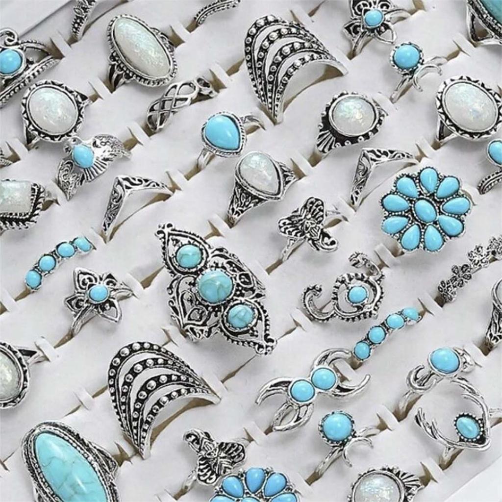 JMXD-15 Pcs Bohemian Turquoise Flower Rings Set Vintage Geometric Lace Stackable Boho Chic Statement Jewelry for Women