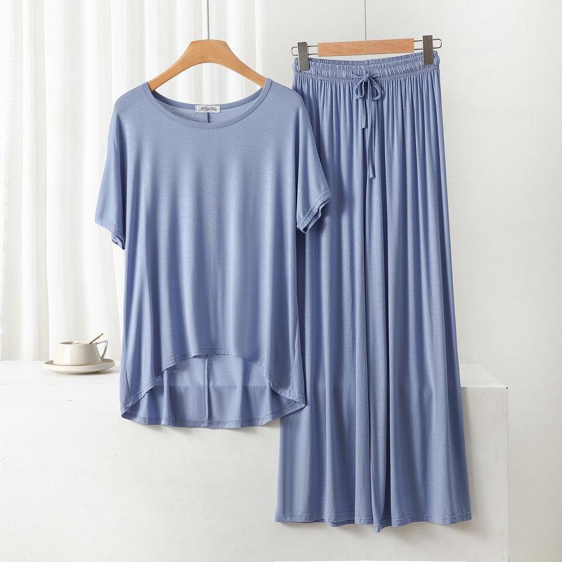 Damen Übergröße Freizeit-Pyjama-Set: Modal Rundhals Kurzarm Oberteil & Weitbeinige Hose