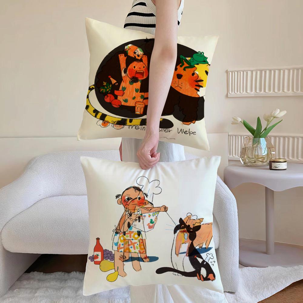 Illustrations Of Everyday Life Cushion Cover Anti-dustmite Pillowcase Invisible Zipper Silky Short Plush Sofa Cushion Cover