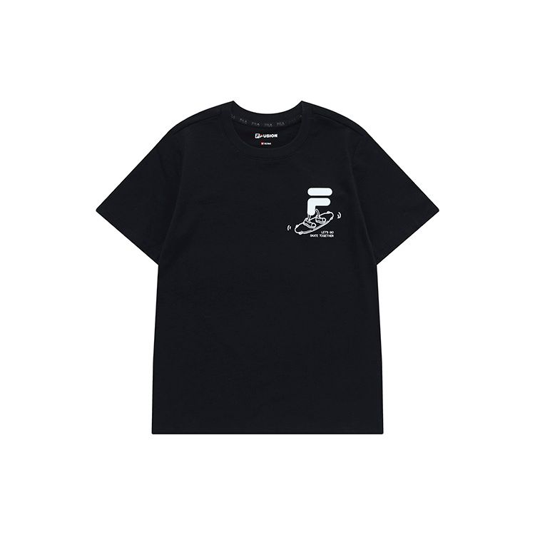 FILA Fusion Street Series Letter Print Casual Knit Short Sleeve T-Shirt Women Tops Deep-Black T11W321107F-BK